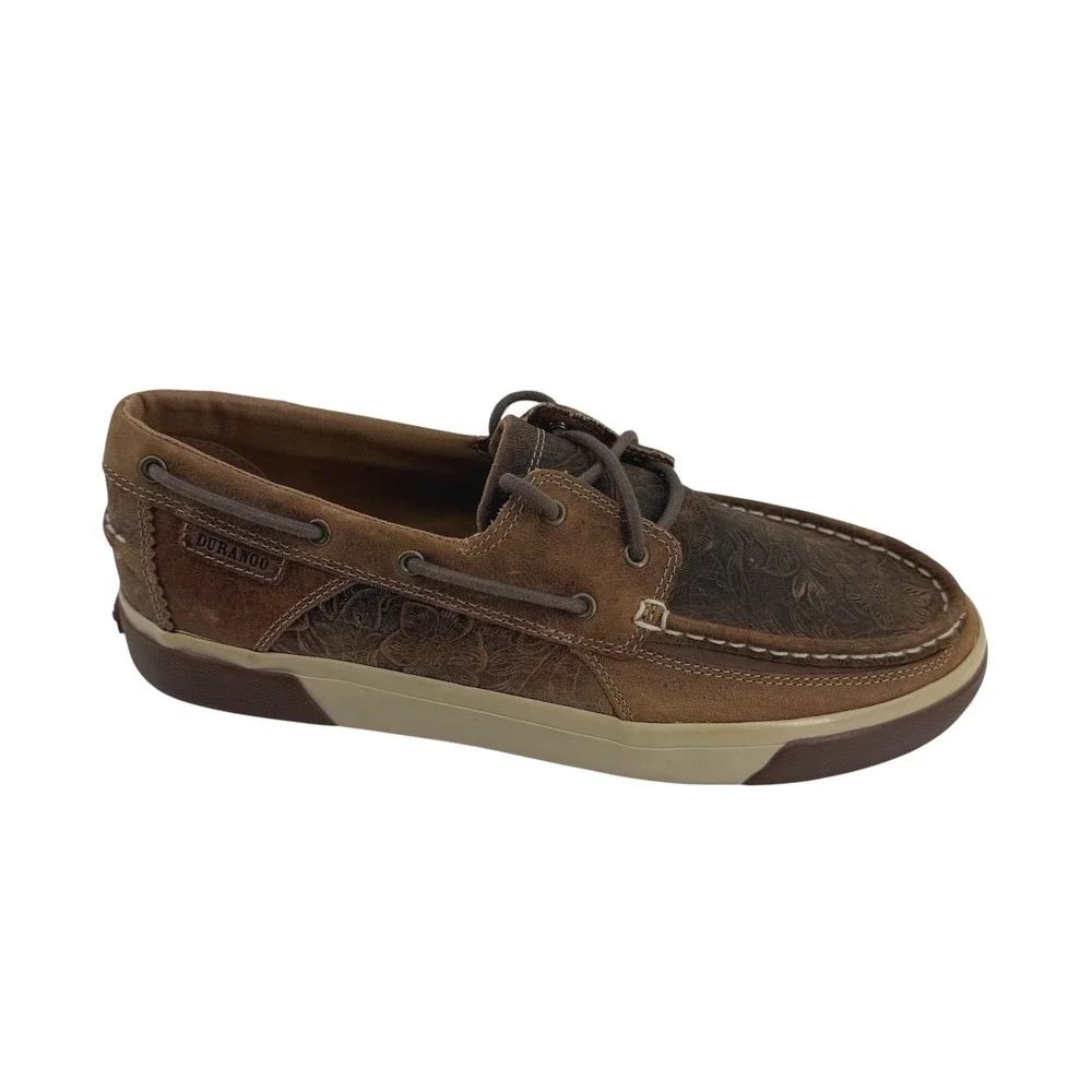 Durango Women Sandstone Floral Tooled Leather Boat Shoes Brown Loafers Size 10M