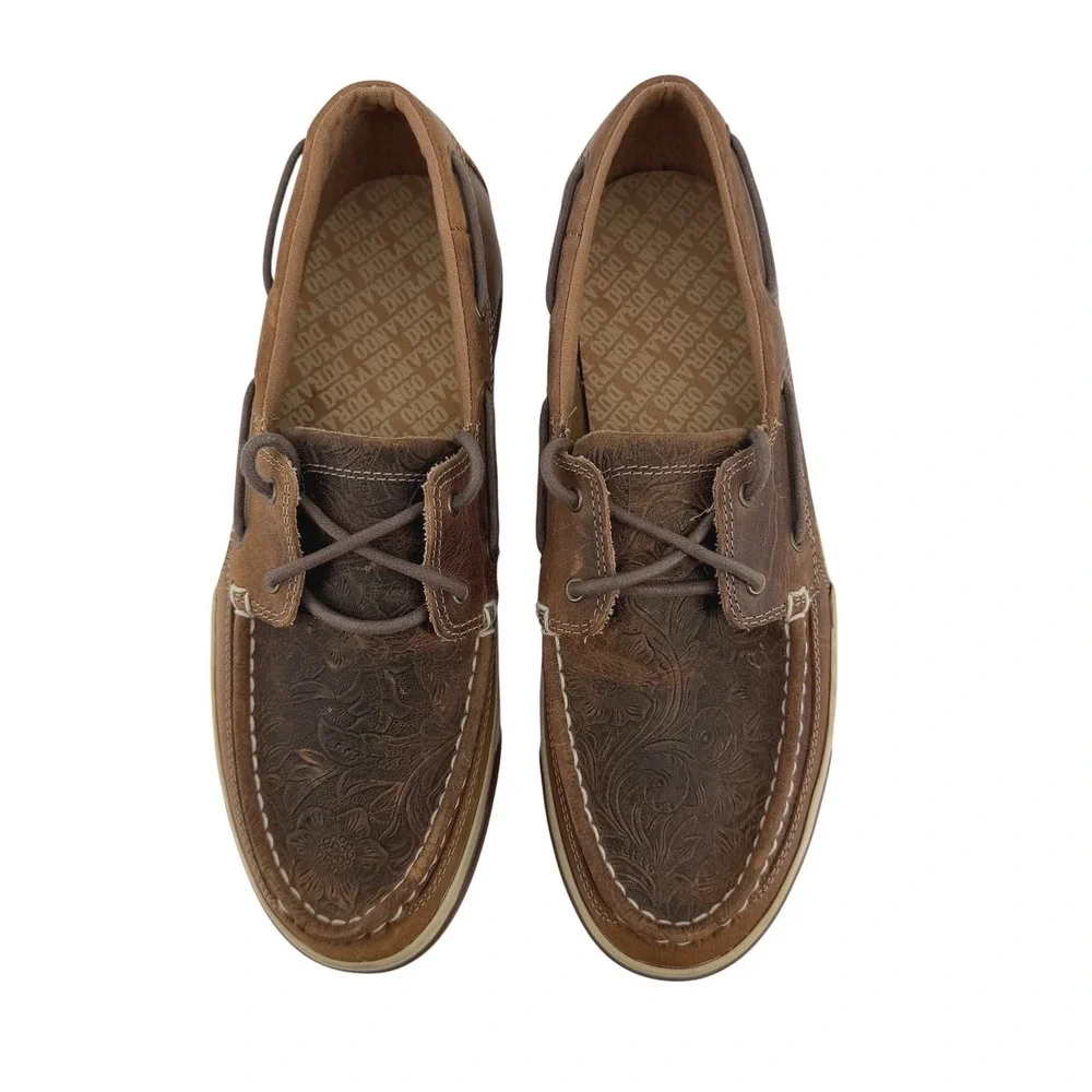 Durango Women Sandstone Floral Tooled Leather Boat Shoes Brown Loafers Size 10M