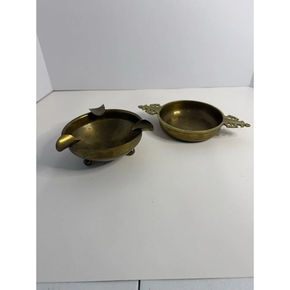 Vintage Solid Brass 3-Slot Ashtray & Decorative Handled Dish - Set of 2