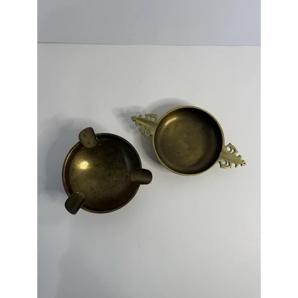 Vintage Solid Brass 3-Slot Ashtray & Decorative Handled Dish - Set of 2