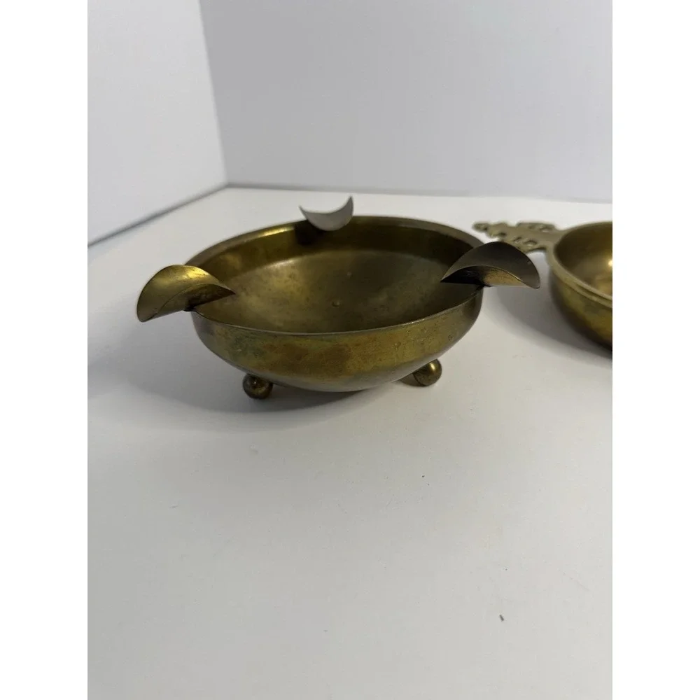 Vintage Solid Brass 3-Slot Ashtray & Decorative Handled Dish - Set of 2