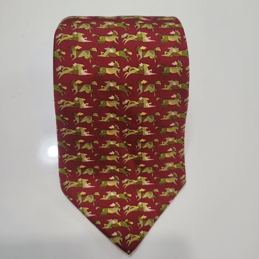 Salvatore Ferragamo Red and Yellow Men's Tie with horse Silk 100% Made In Italy
