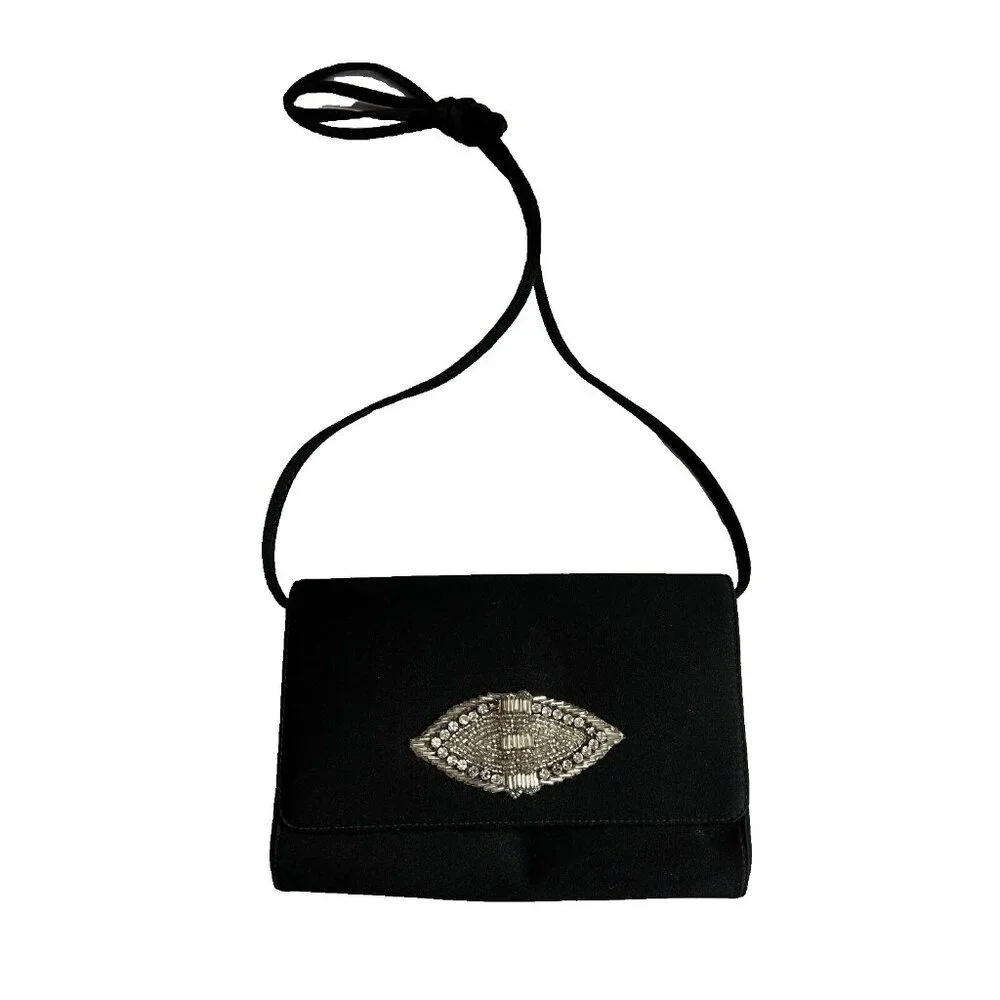 Vintage‎ Givenchy Paris Art Deco Jewel Black Small Evening Bag Clutch Strap Flaw