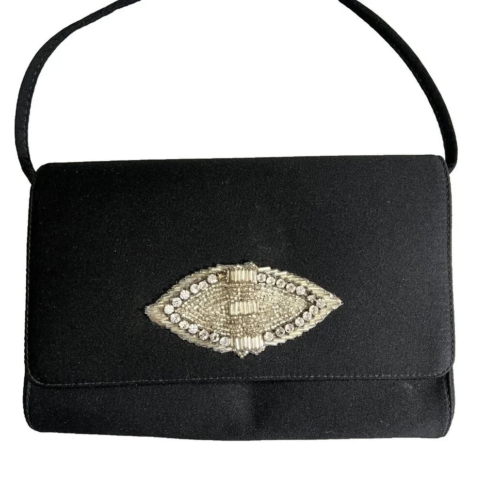Vintage‎ Givenchy Paris Art Deco Jewel Black Small Evening Bag Clutch Strap Flaw