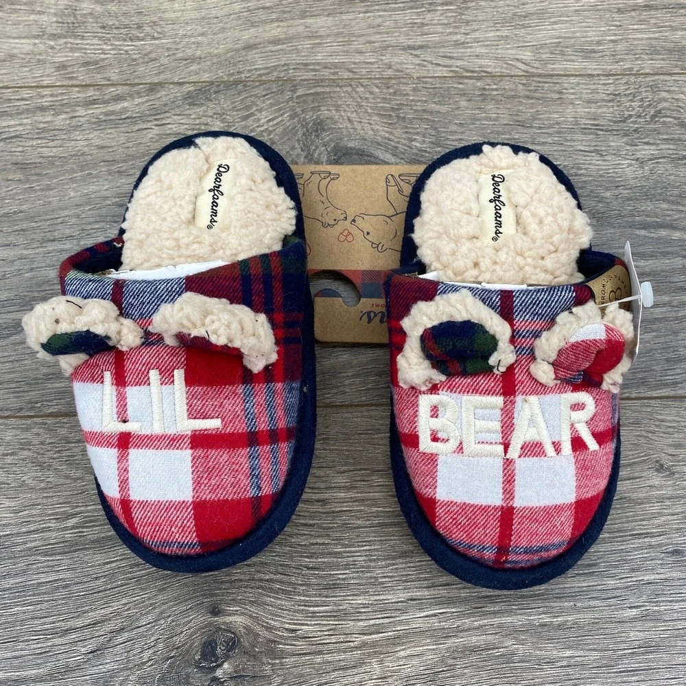 Lil Bear Dearfoam Slippers Youth Toddler Size 7 -8 ‎ Plaid Red Blue Comfort Cozy