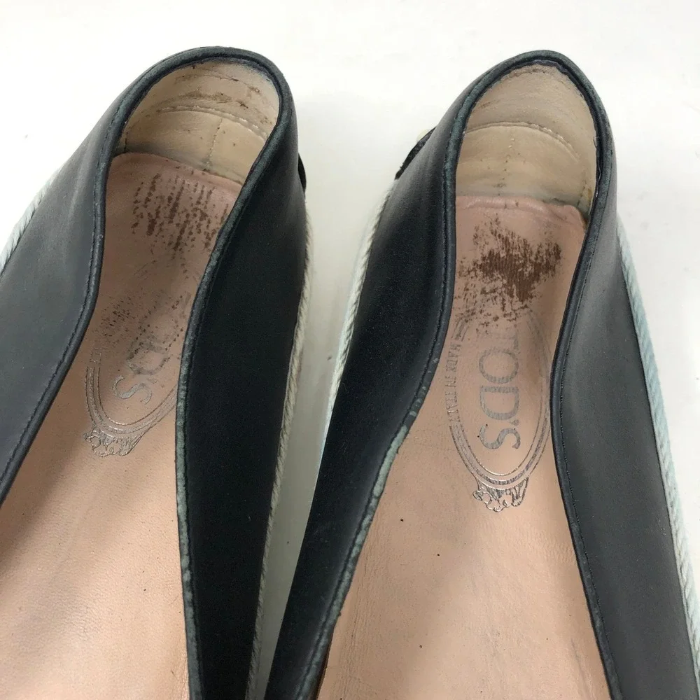 Tod's Womens 37 Espadrille Loafers Black Leather Gommino Driving Shoe