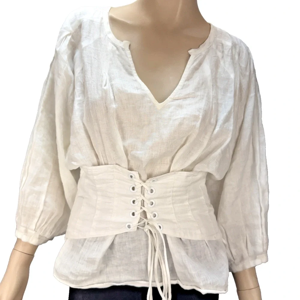 Anthropologie Akemi Kin Corset Blouse Top Size 6 White Linen 3/4 Balloon Sleeve