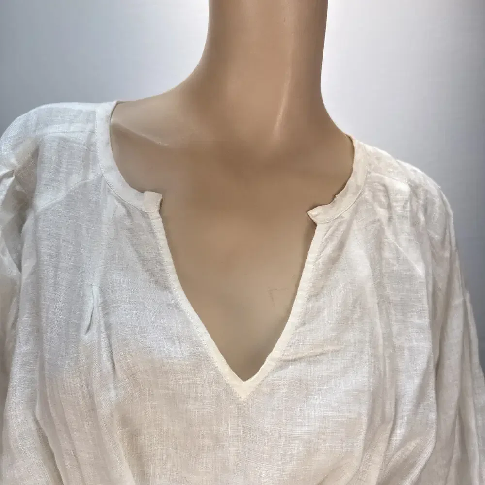 Anthropologie Akemi Kin Corset Blouse Top Size 6 White Linen 3/4 Balloon Sleeve