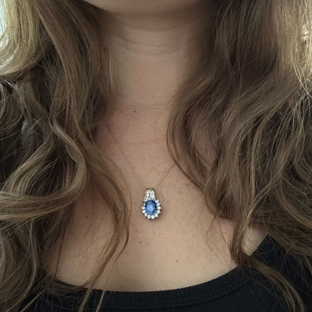 10K Gold Necklace with Blue Sapphire-Color Pendant