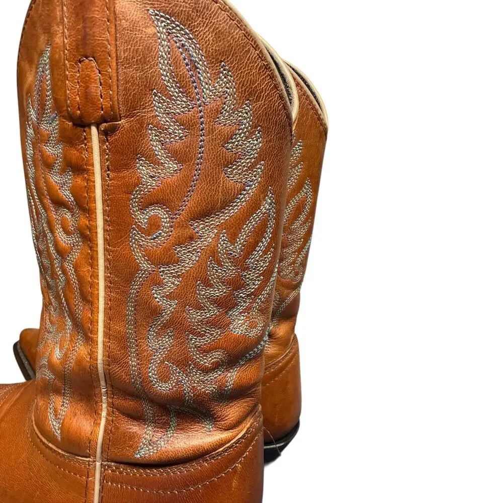 LAREDO Women's 8M Brown Leather Cowboy Pointed ToeBoots Turquoise Stitch Western