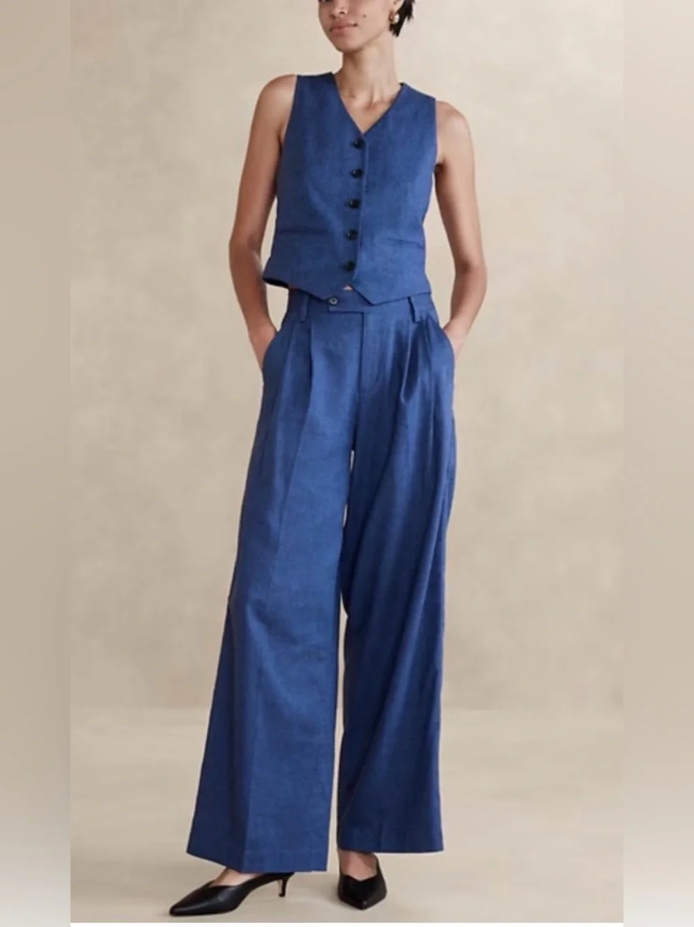 NWT Banana Republic Blue Linen-Blend Wide-Leg Pleated Trous