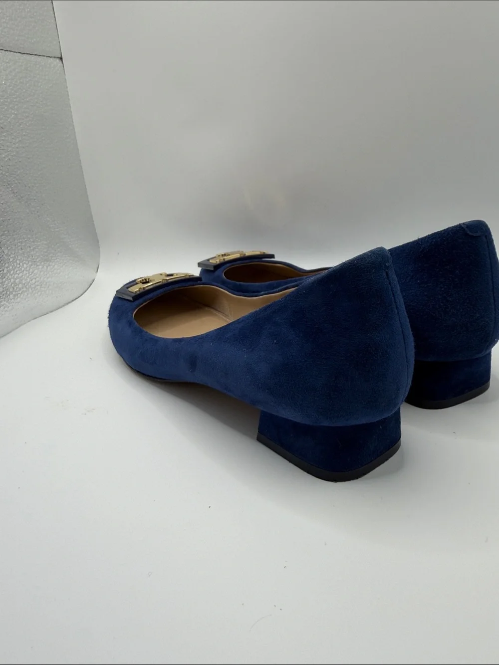 Tory Burch “Gigi” Navy Suede Pumps with Block Heel and Gold T Logo at the Toe