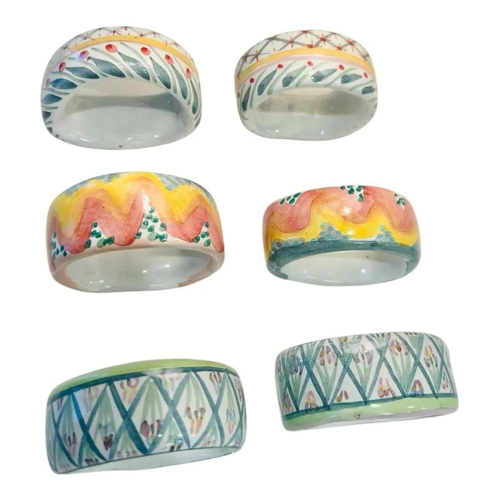 MacKenzie-Childs Vintage Napkin Rings Set 6 Hand Painted Mixed Patterns