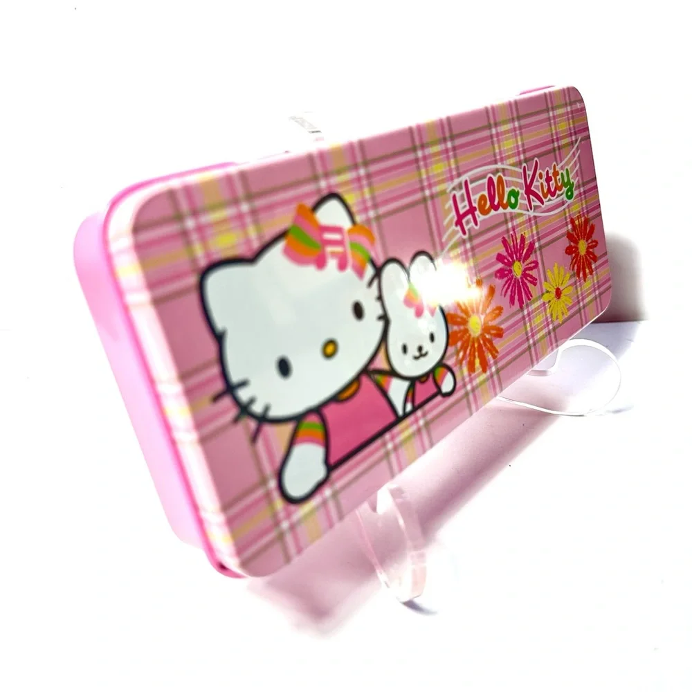 Vintage Sanrio Metal Pencil Box Plaid Daisy Pink Yellow Music Hello Kitty 2002