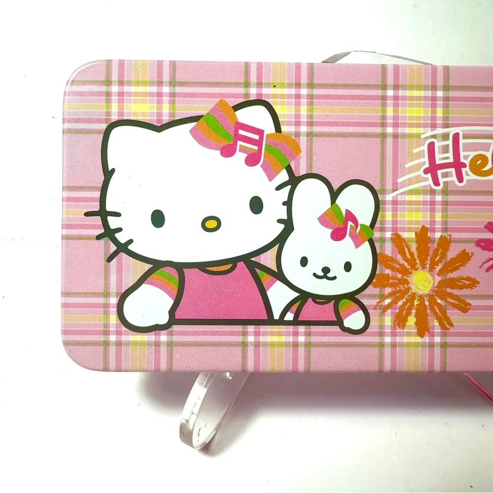 Vintage Sanrio Metal Pencil Box Plaid Daisy Pink Yellow Music Hello Kitty 2002