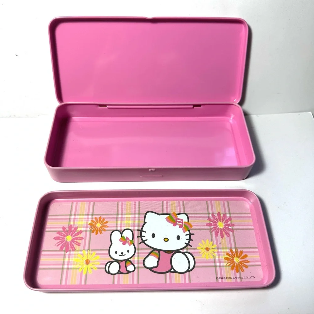 Vintage Sanrio Metal Pencil Box Plaid Daisy Pink Yellow Music Hello Kitty 2002