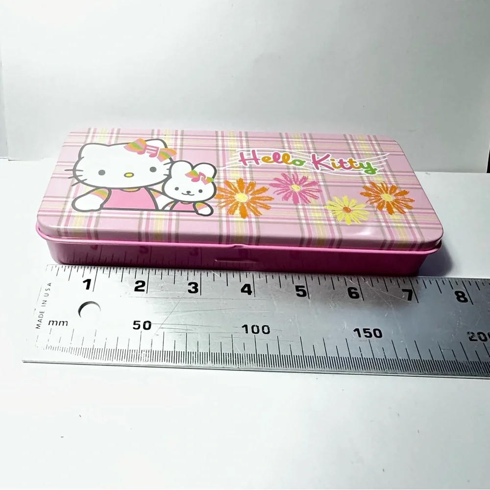 Vintage Sanrio Metal Pencil Box Plaid Daisy Pink Yellow Music Hello Kitty 2002