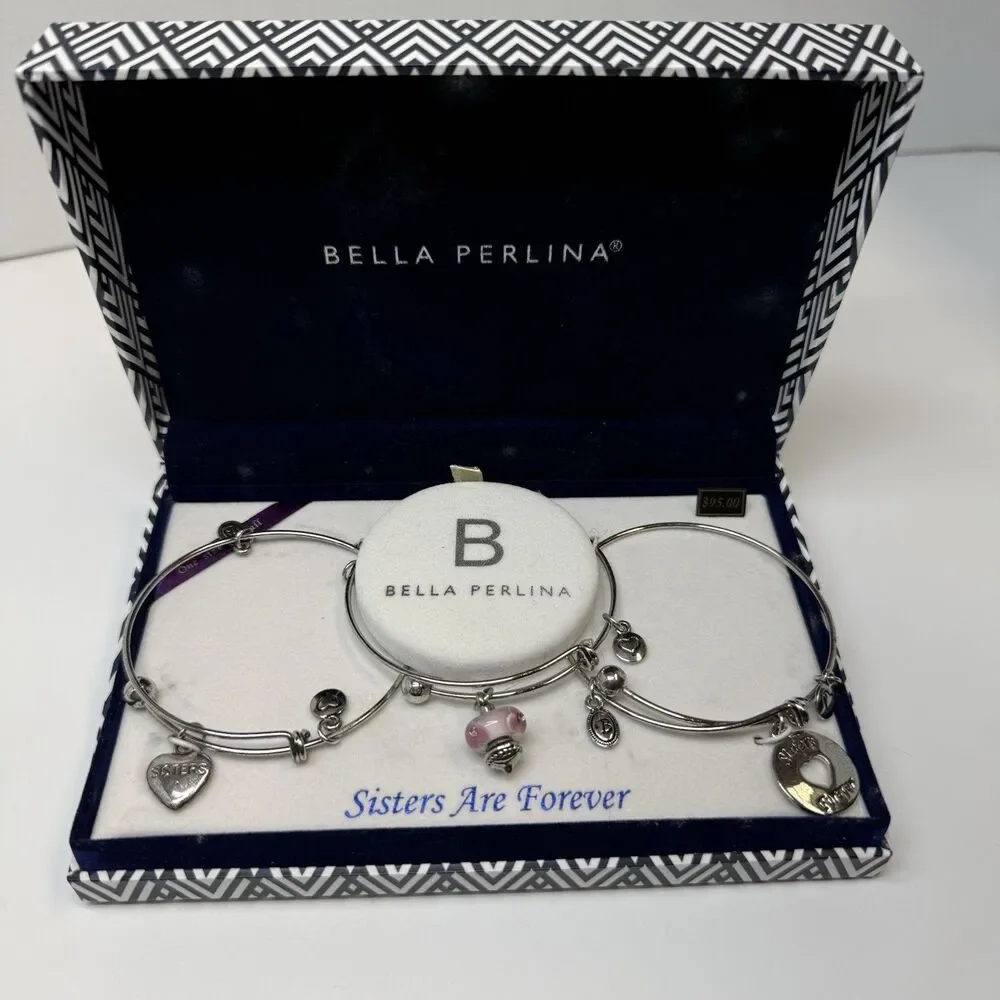 Bella Perlina SISTERS ARE FOREVER 3 Piece Silver Tone Bangle Bracelet Set New
