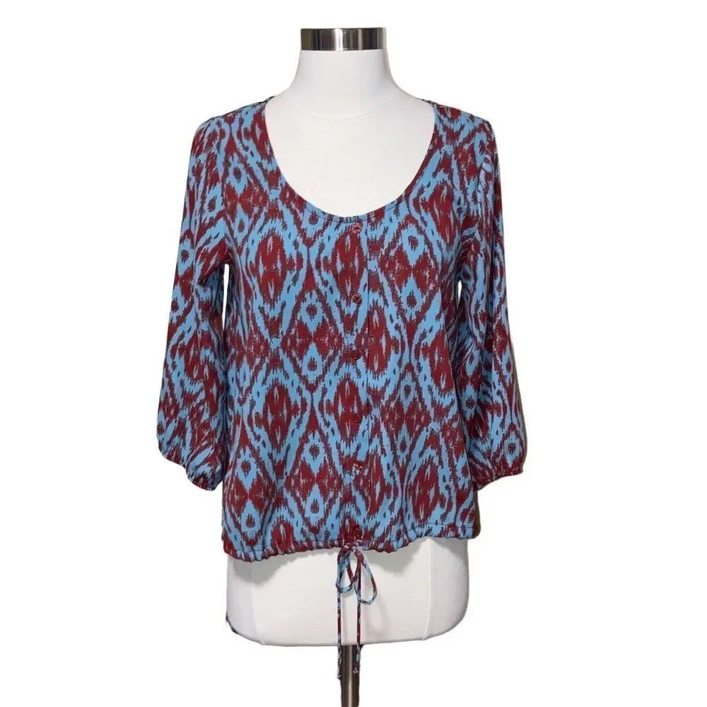 Daytrip Button 3/4 Sleeve Blouse w Drawstring Tie at Waist sz Small