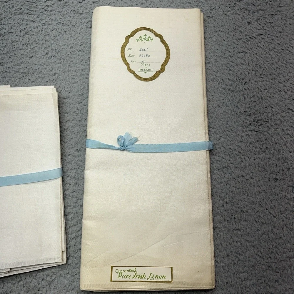 Pure‎ Irish Linen Tablecloth 64x82 & Napkins Vtg Ireland Made 200# Pat 11 Floral
