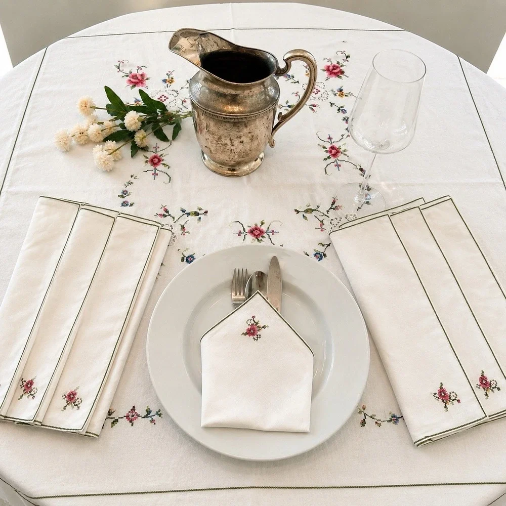 Vintage Hand Embroidered Linen Cross Stitch Tablecloth 7 Napkins Floral 63 x 63