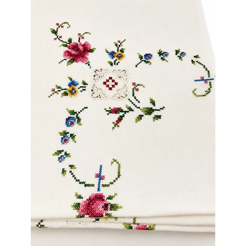 Vintage Hand Embroidered Linen Cross Stitch Tablecloth 7 Napkins Floral 63 x 63