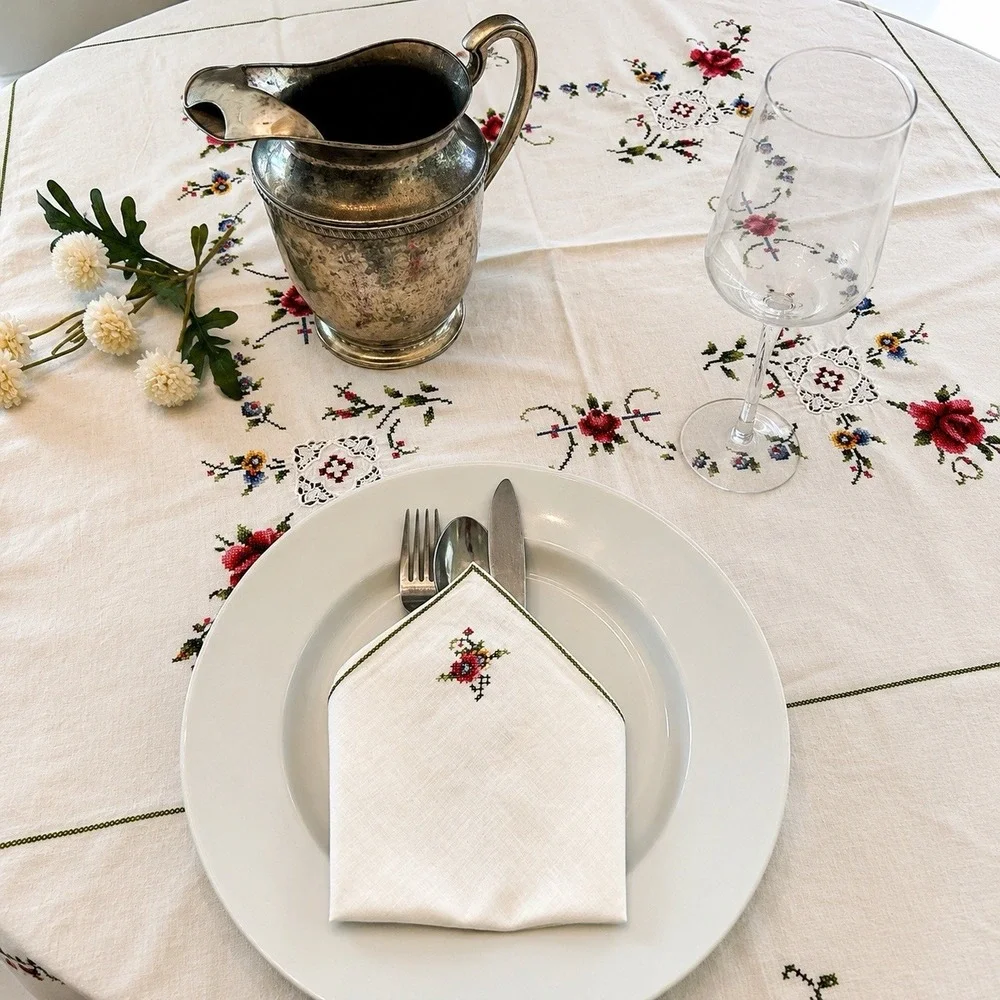 Vintage Hand Embroidered Linen Cross Stitch Tablecloth 7 Napkins Floral 63 x 63