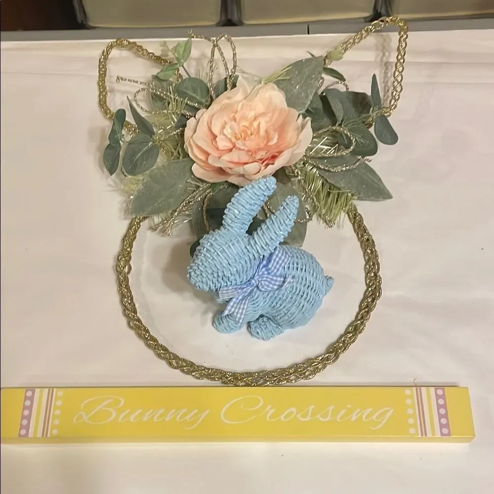 Easter Holiday Wreath, with Blue Bunny and Sign.