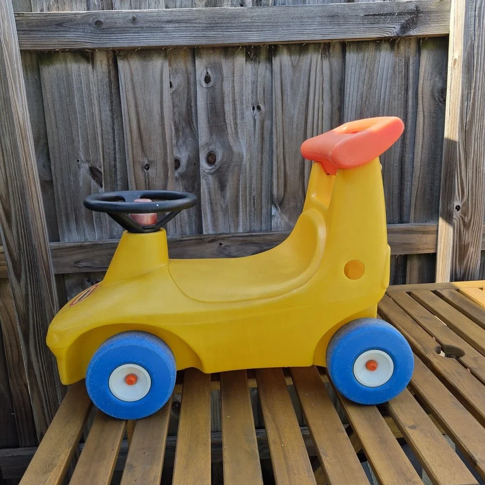 Vintage Little Tikes yellow race car Ride On Push Toy Roadster Made In USA