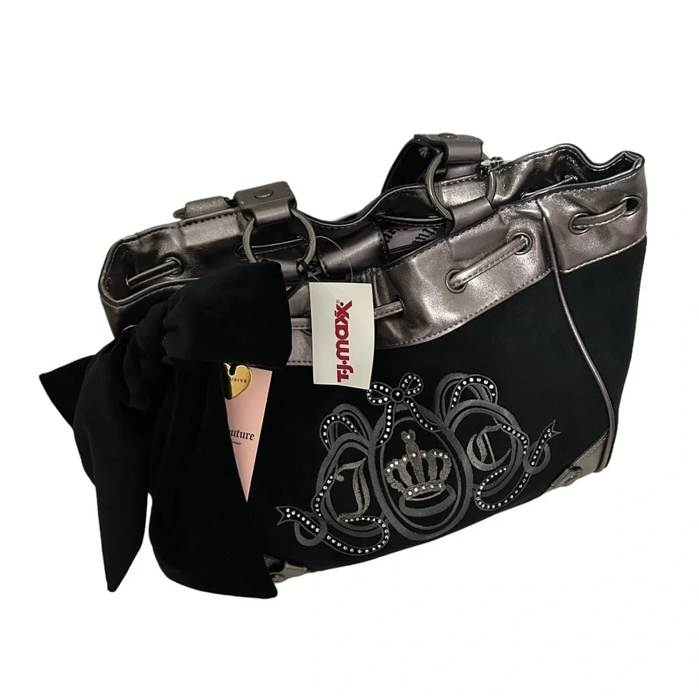 NWT Juicy Couture Black Velour Daydreamer Bag Metallic Pewter Trim