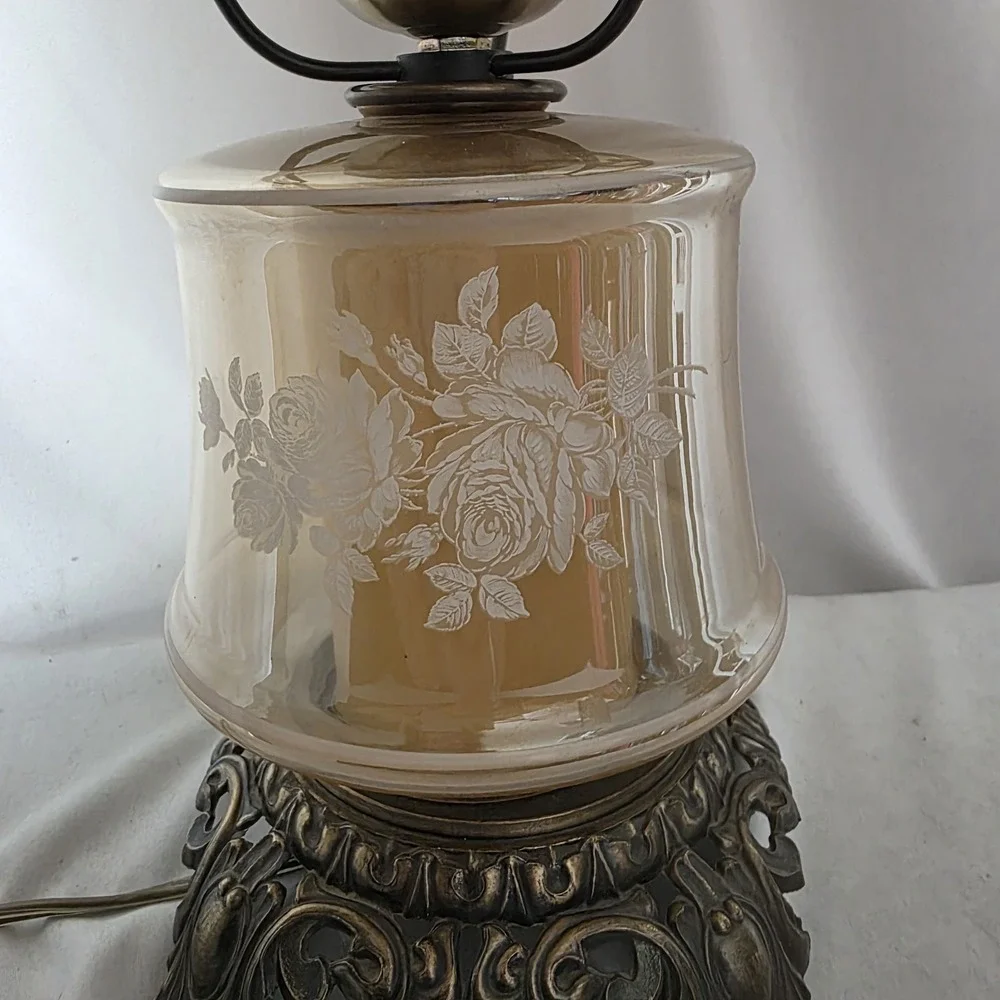 VTG Amber Marigold Luster Iridescent Glass Gone with The Wind Floral 3-Way Lamp