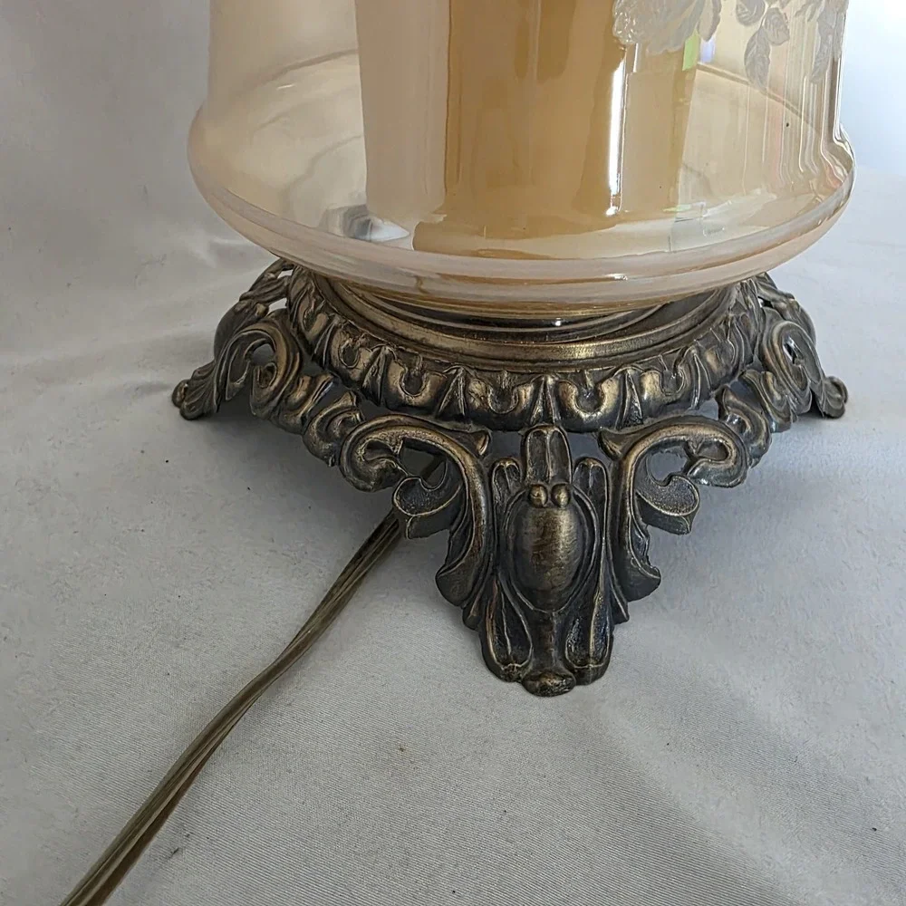 VTG Amber Marigold Luster Iridescent Glass Gone with The Wind Floral 3-Way Lamp