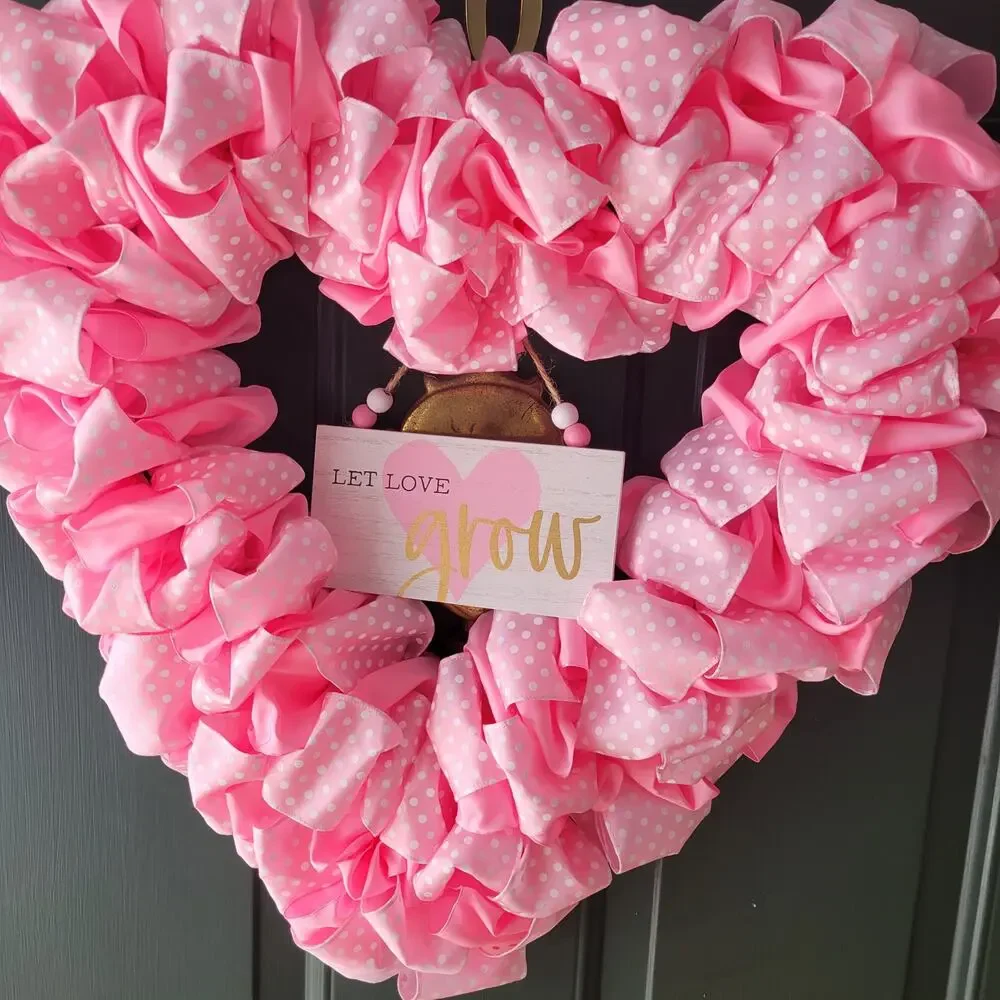 Handcrafted Pink Polka Dot Ribbon Heart Wreath 