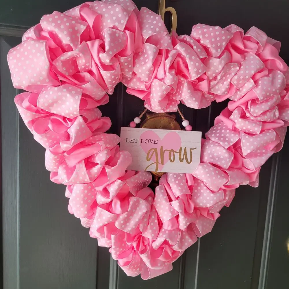 Handcrafted Pink Polka Dot Ribbon Heart Wreath 