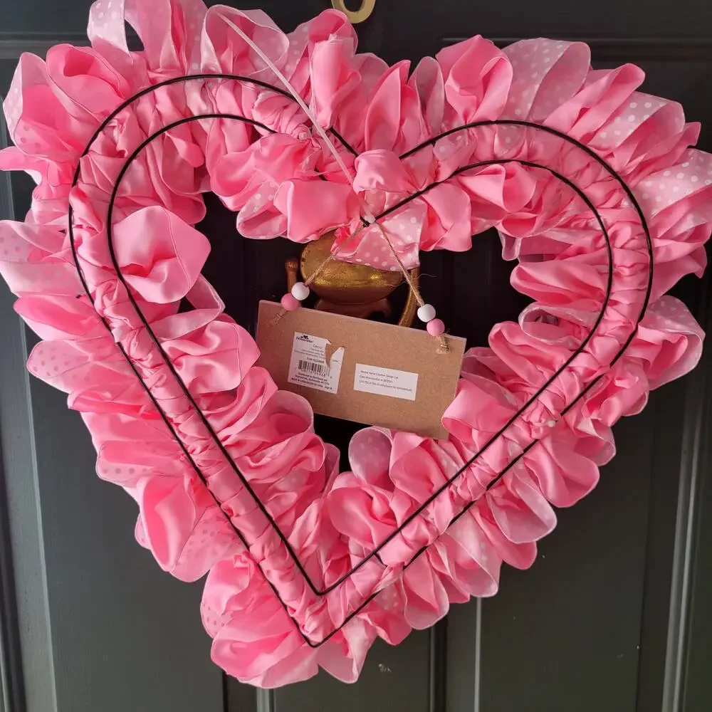 Handcrafted Pink Polka Dot Ribbon Heart Wreath 