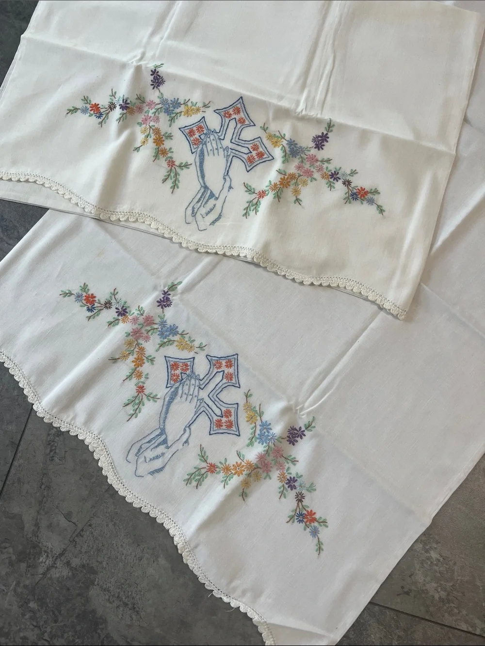 vintage embroidery pillow cases crosses green devotional