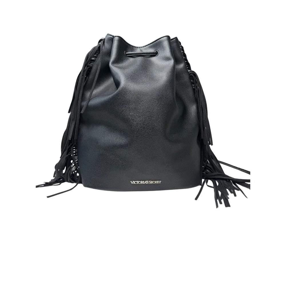 Victorias Secret Black Fringe Backpack Bucket Bag Faux Leather Drawstring Boho