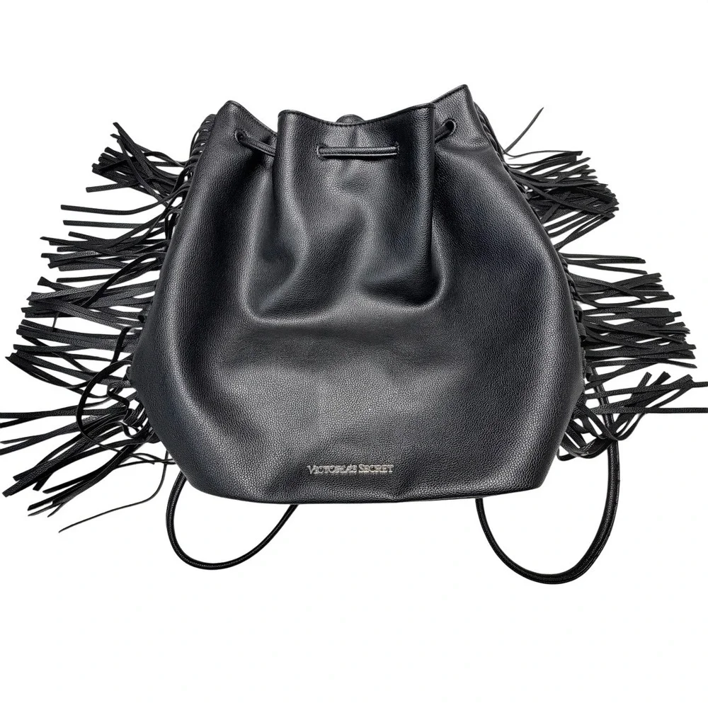 Victorias Secret Black Fringe Backpack Bucket Bag Faux Leather Drawstring Boho