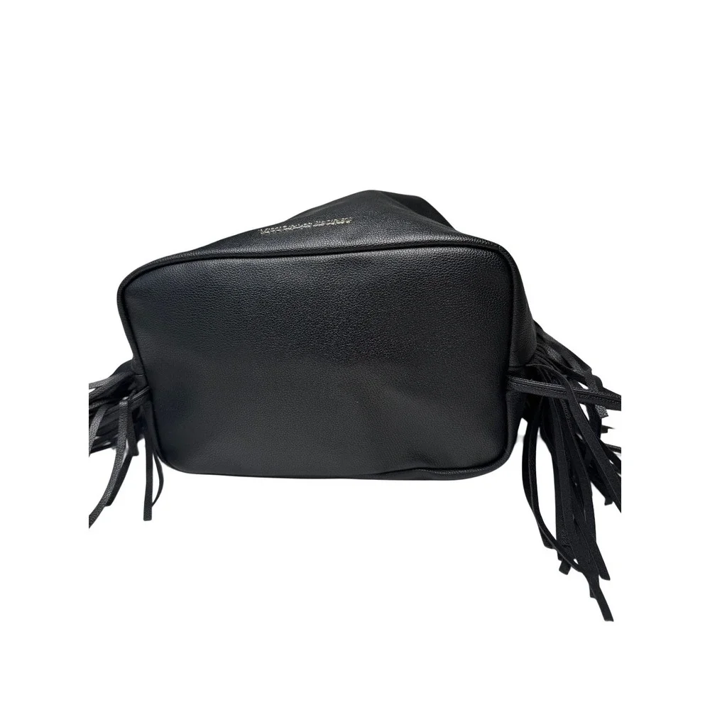 Victorias Secret Black Fringe Backpack Bucket Bag Faux Leather Drawstring Boho