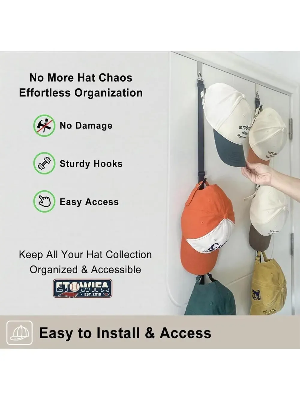 Baseball Cap Hat Rack Wall Door Hanger Holder Storage Organizer 16 Hooks