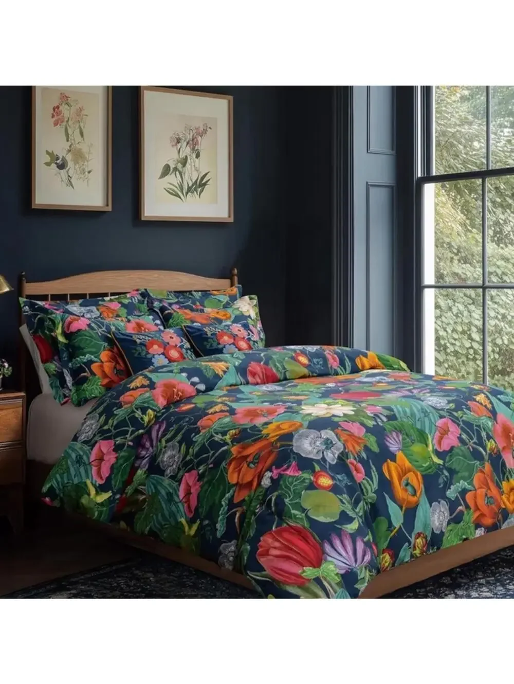 PB Style Floral Print Queen Duvet Sateen Cotton 3Piece Set Navy Blue Pink NWT