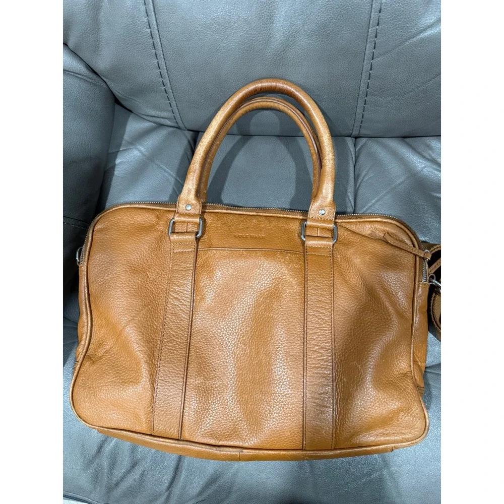 Cole Haan Tan Pebbled Leather Briefcase Laptop Bag Messenger Shoulder Strap