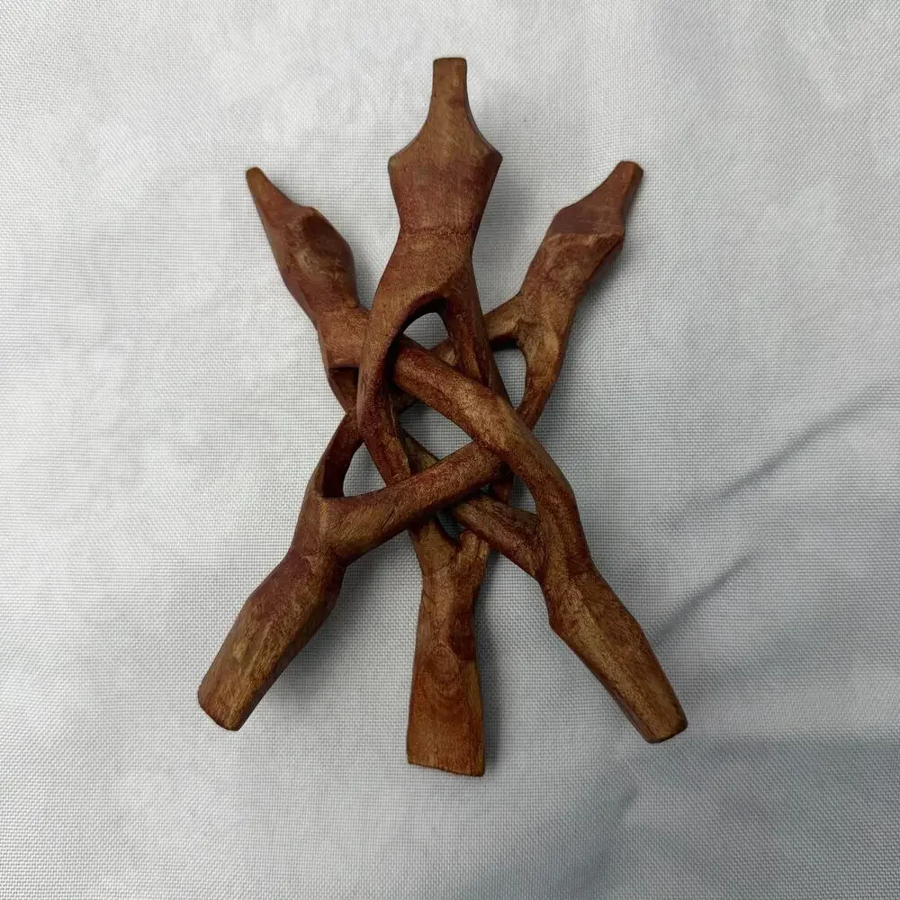 Hand Carved Interlocking Wood Folding Display Stand Small Tripod Puzzle Stand