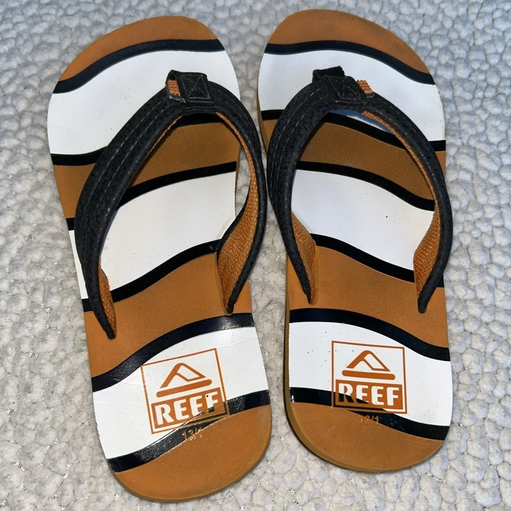 Reef Kids Flip Flops Orange White Black Striped Thong Sandals Size 13/1