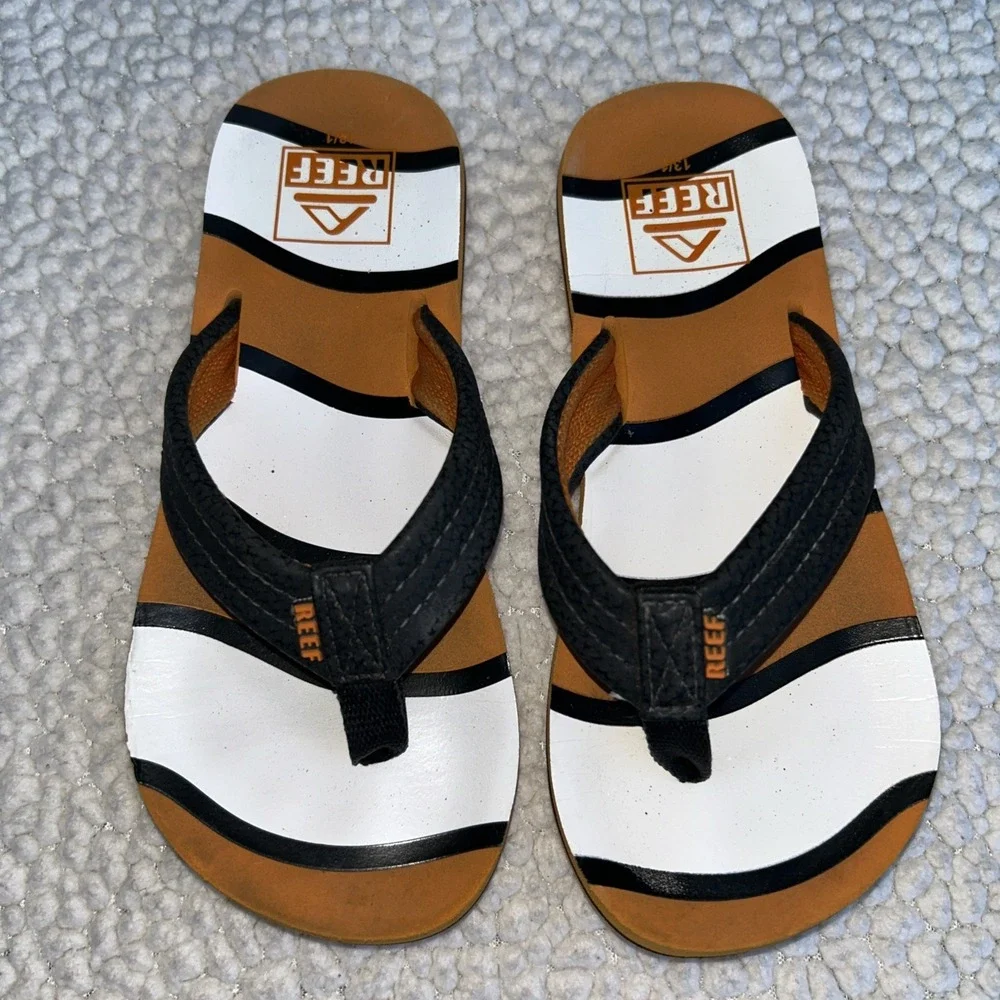 Reef Kids Flip Flops Orange White Black Striped Thong Sandals Size 13/1