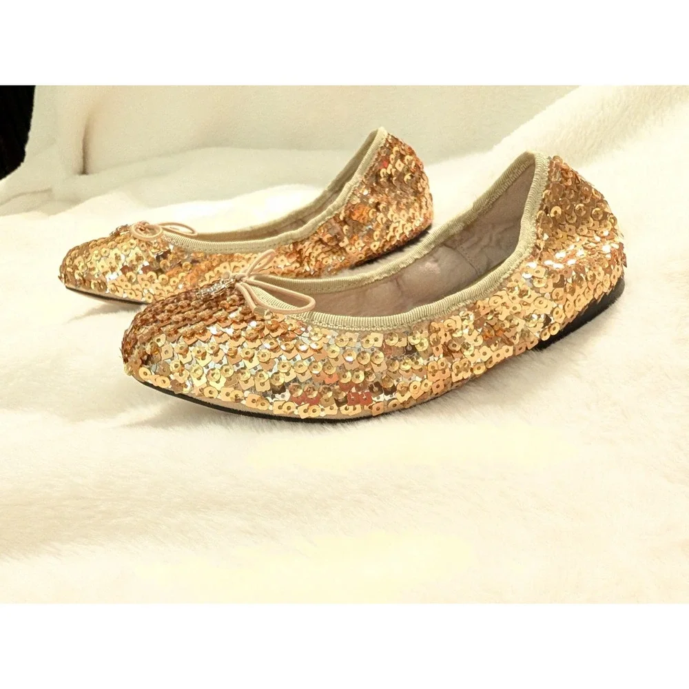 Sam Edelman Gold Sequin Ballet Flats Embellished Bow Sparkle Party Shoes Girls 2
