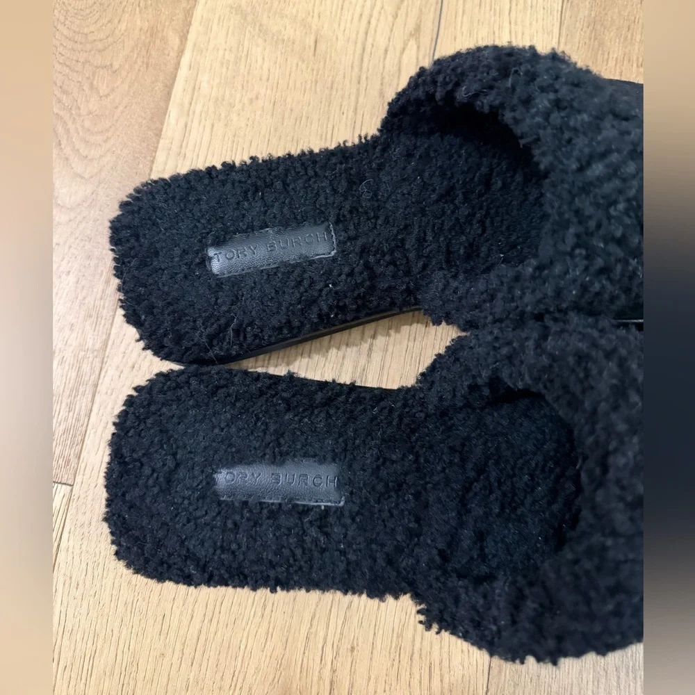 Tory Burch Suede and Shearling Slipper Slides Size 8 Black Flats Slip ons