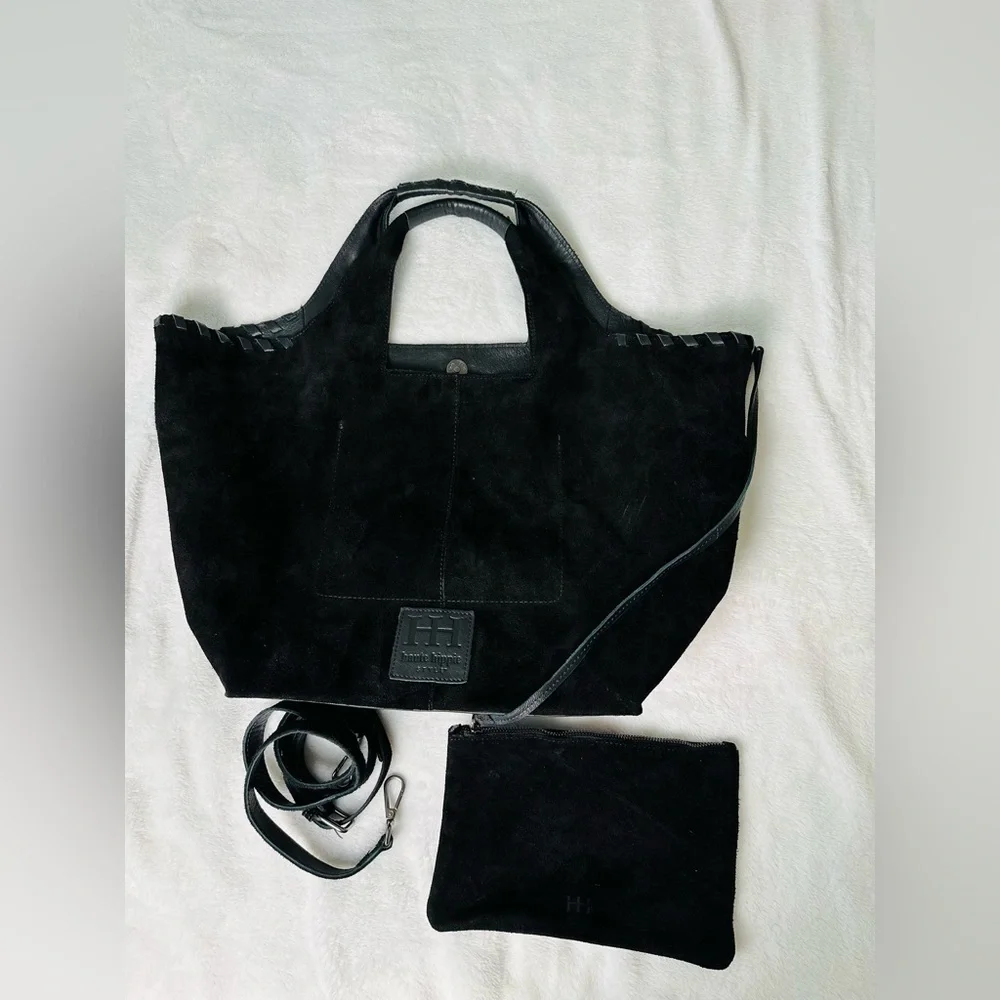 Haute Hippie Black Suede Hobo Bag With Detachable Pouch