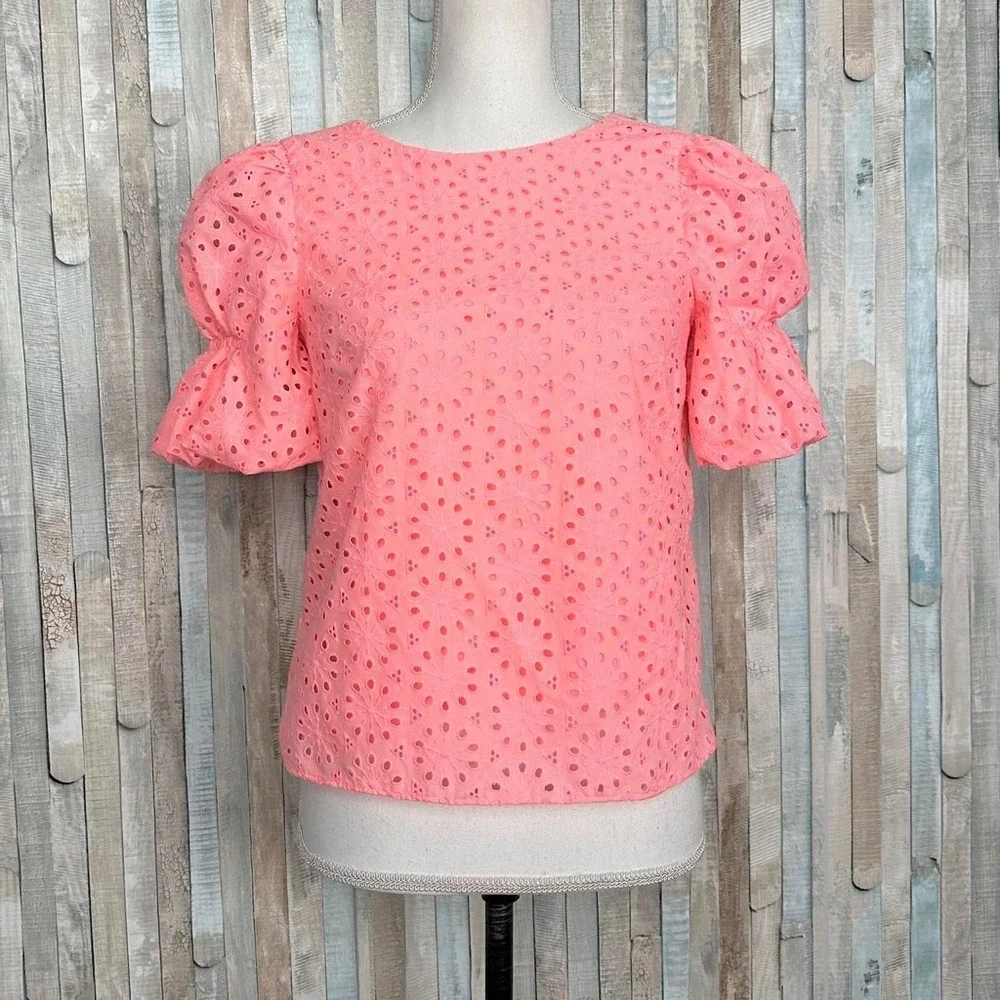 Lilly Pulitzer Size S Neon Coral Shaila Sunburst Eyelet Puff Sleeve Top Summer‎