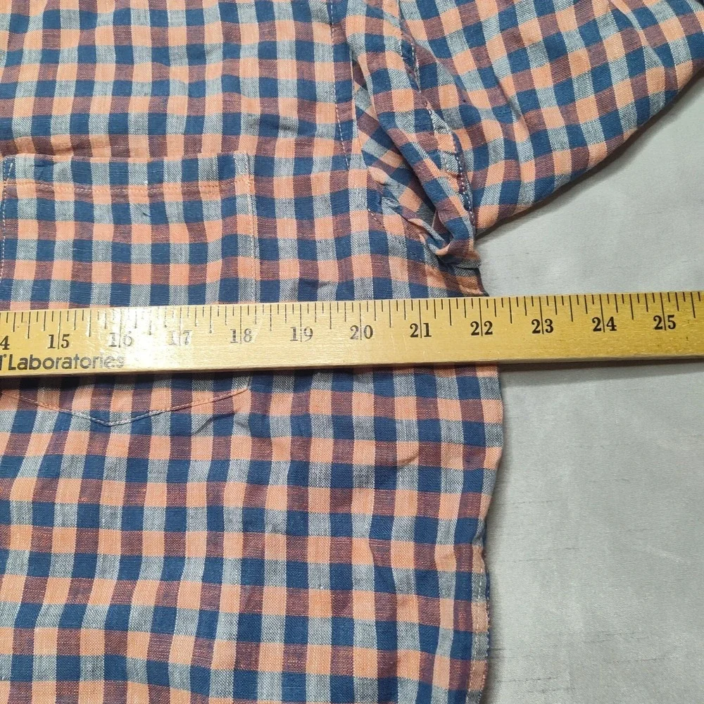 BANANA REPUBLIC CAMDEN FIT LINEN‎ Men Large Blue Orange Plaid Shirt EUC